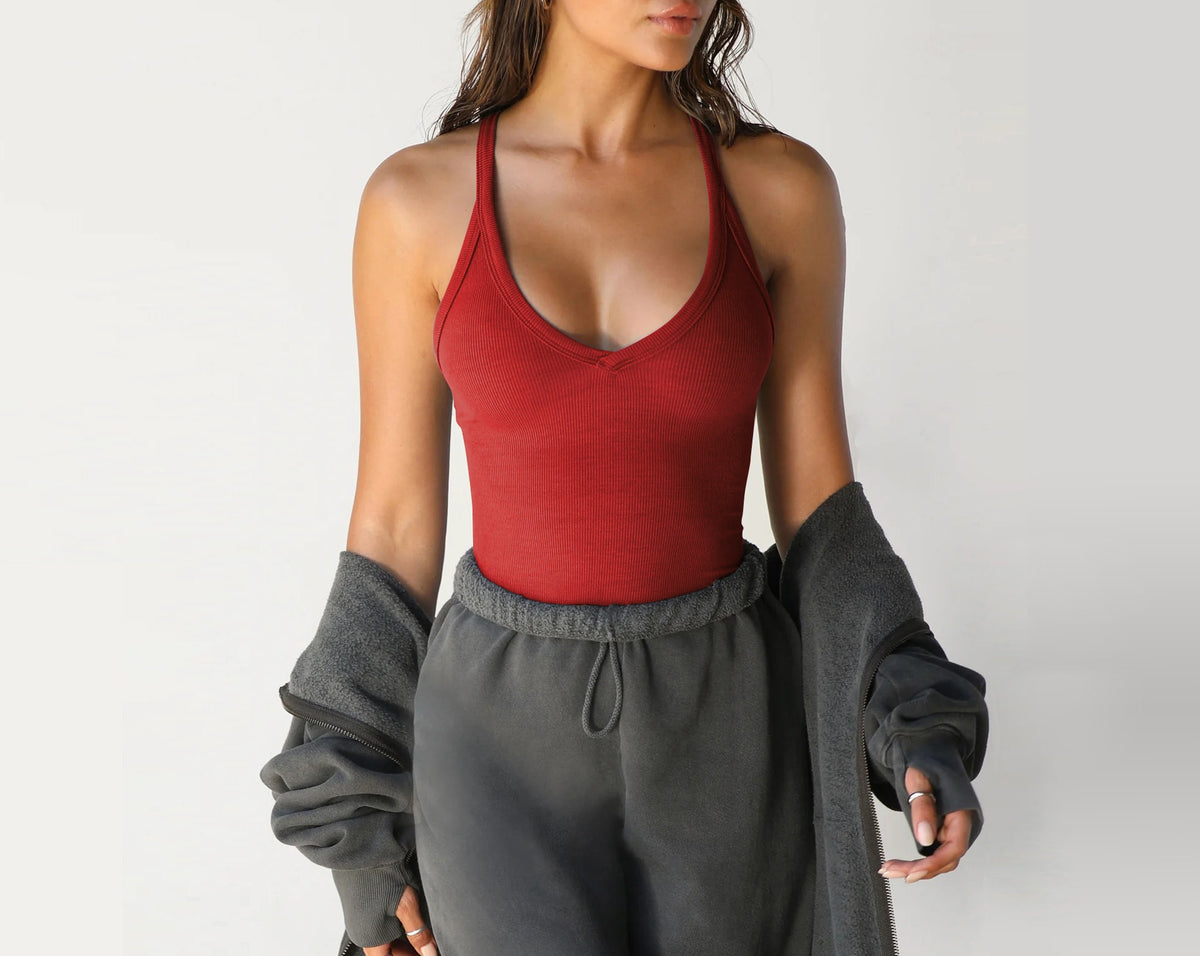 Racerback Ribbed Tank Top Deep Scoop Neck - WineRed