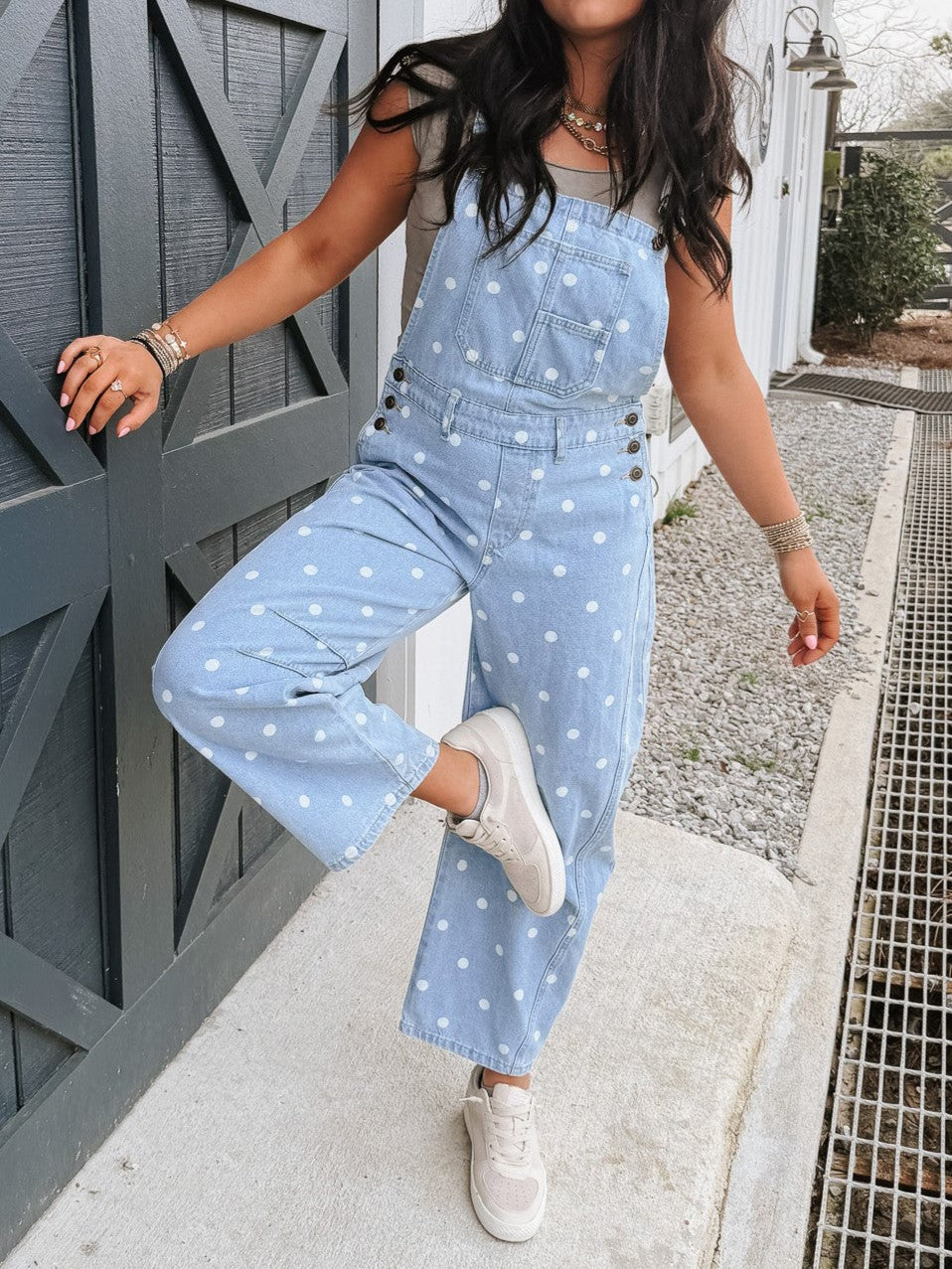 Polka Dot Denim Overall Jumpsuit - Blue