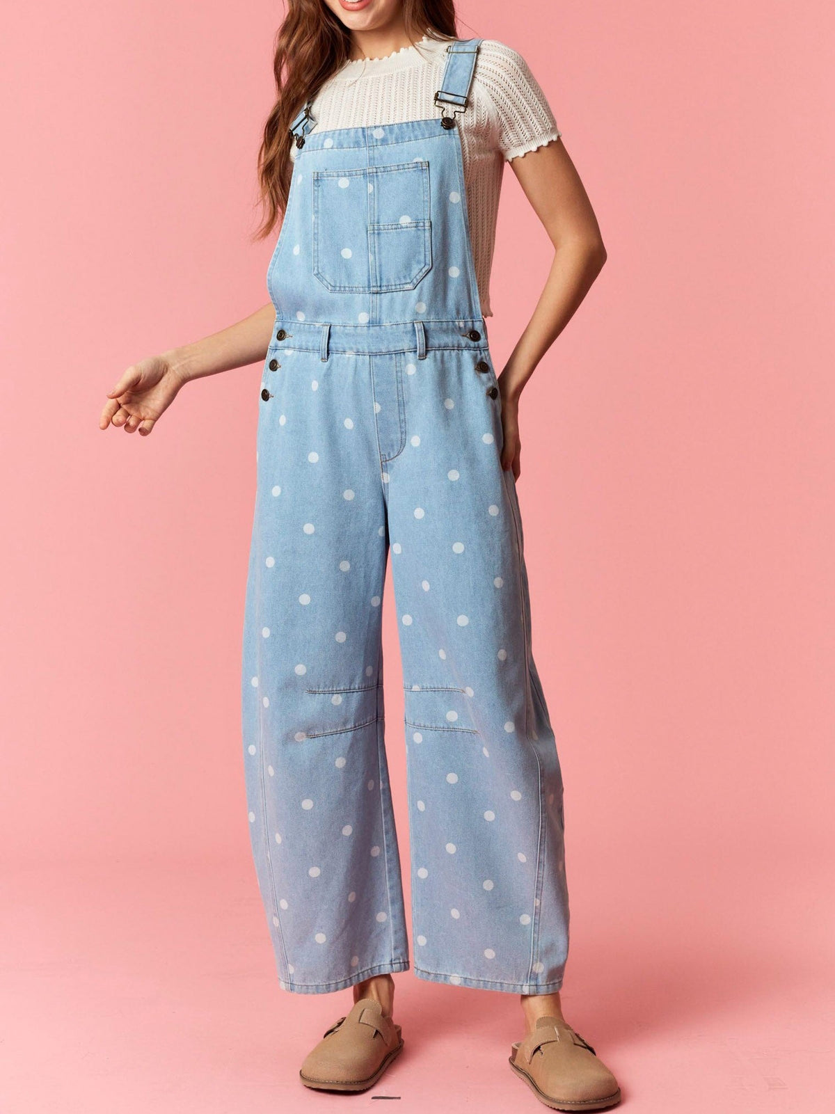 Polka Dot Denim Overall Jumpsuit - Blue - 2