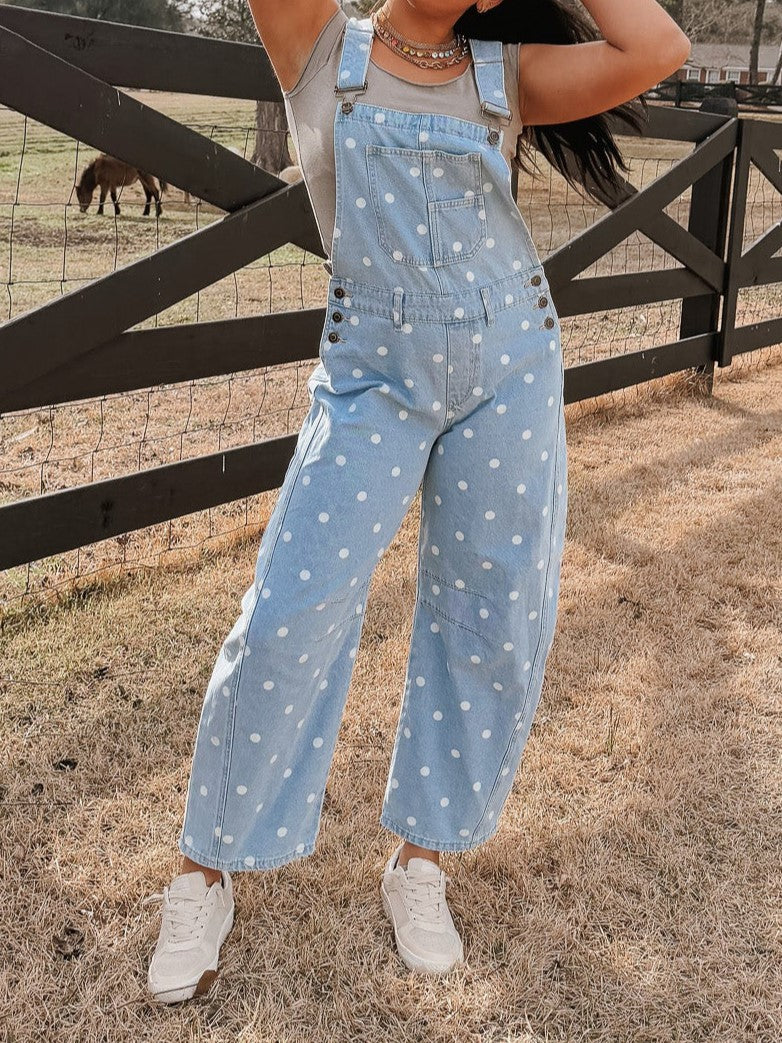 Polka Dot Denim Overall Jumpsuit - Blue - 4