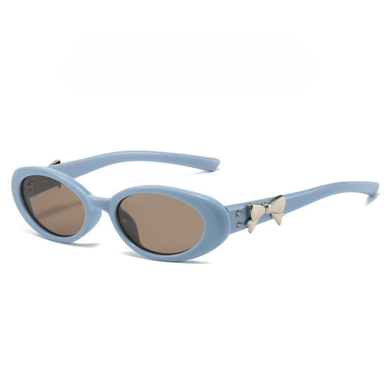 Ribbon Bow Detail Retro Oval Sunglasses - Blue