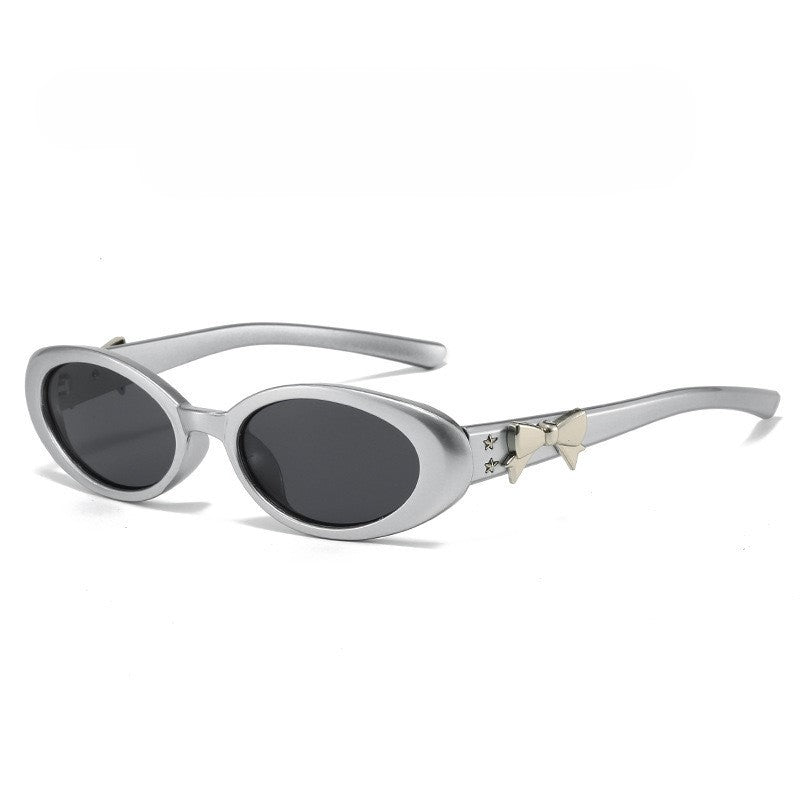 Ribbon Bow Detail Retro Oval Sunglasses - Silvery