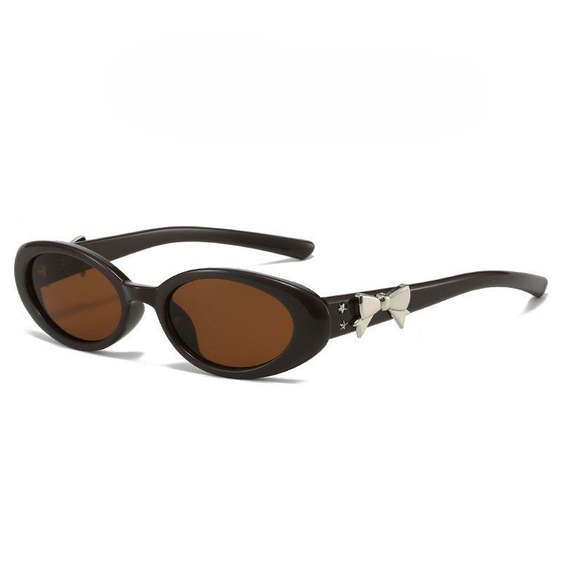 Ribbon Bow Detail Retro Oval Sunglasses - Tea