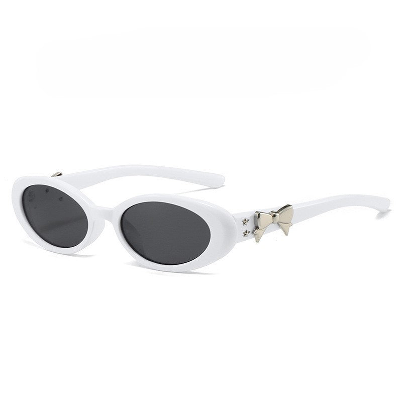 Ribbon Bow Detail Retro Oval Sunglasses - White