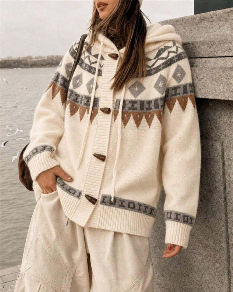 Fair Isle Hooded Toggle Button Knit Cardigan - Apricot