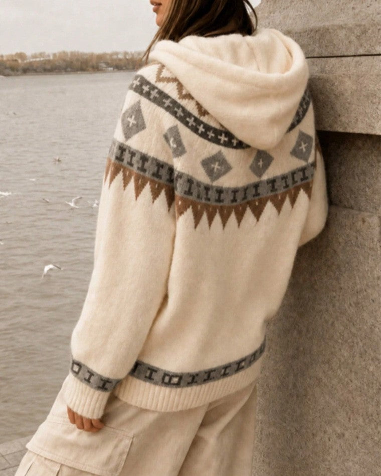Fair Isle Hooded Toggle Button Knit Cardigan - Apricot - 1