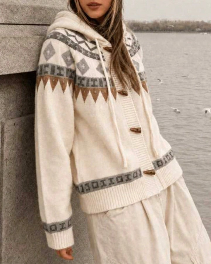 Fair Isle Hooded Toggle Button Knit Cardigan - Apricot - 2