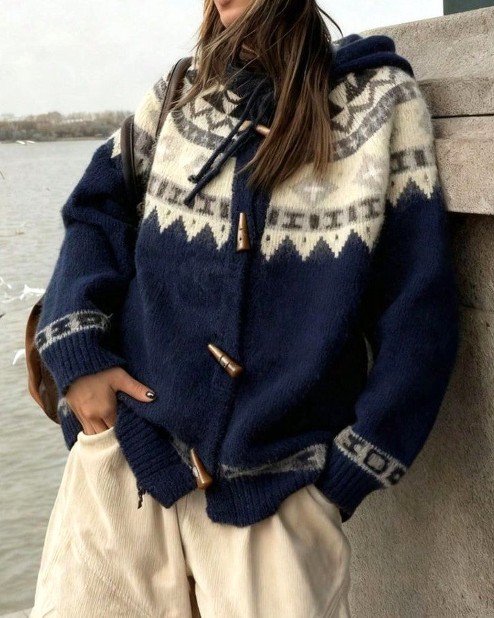 Fair Isle Hooded Toggle Button Knit Cardigan - Navy
