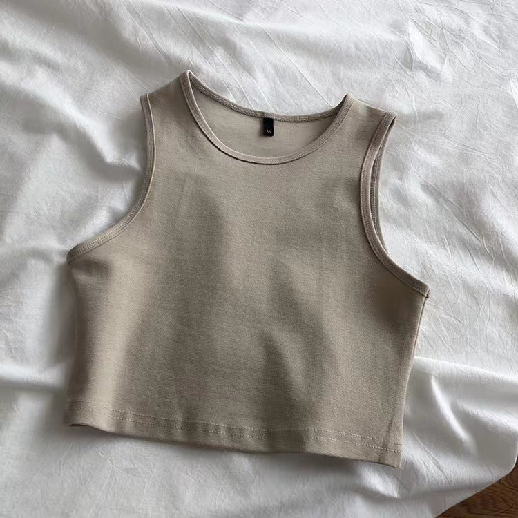 Ribbed Crewneck Cropped Tank Top - Beige