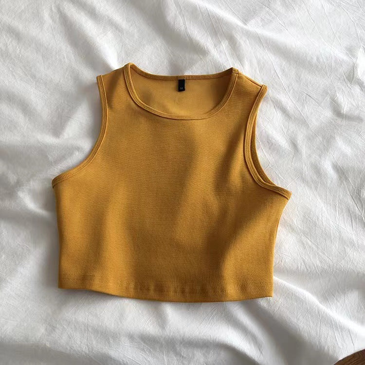 Ribbed Crewneck Cropped Tank Top - mustard
