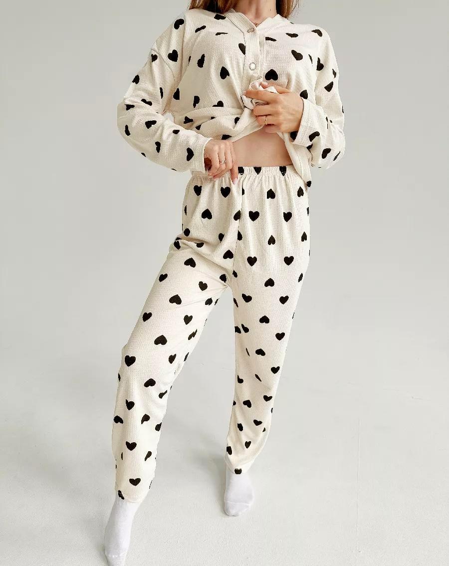 Heart Print Waffle Knit Pyjama Set - Bbegie