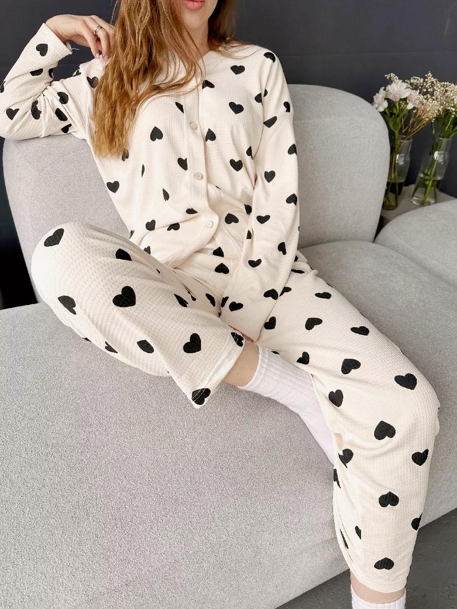 Heart Print Waffle Knit Pyjama Set - Bbegie - 1