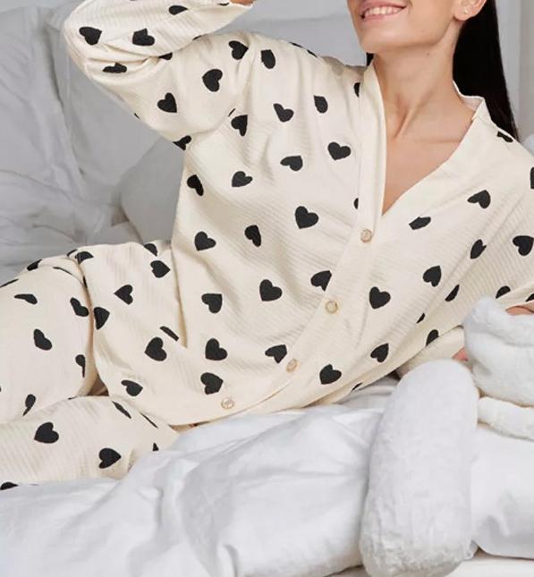 Heart Print Waffle Knit Pyjama Set - Bbegie - 2