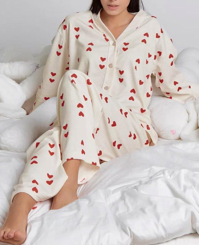 Heart Print Waffle Knit Pyjama Set - Rbegie