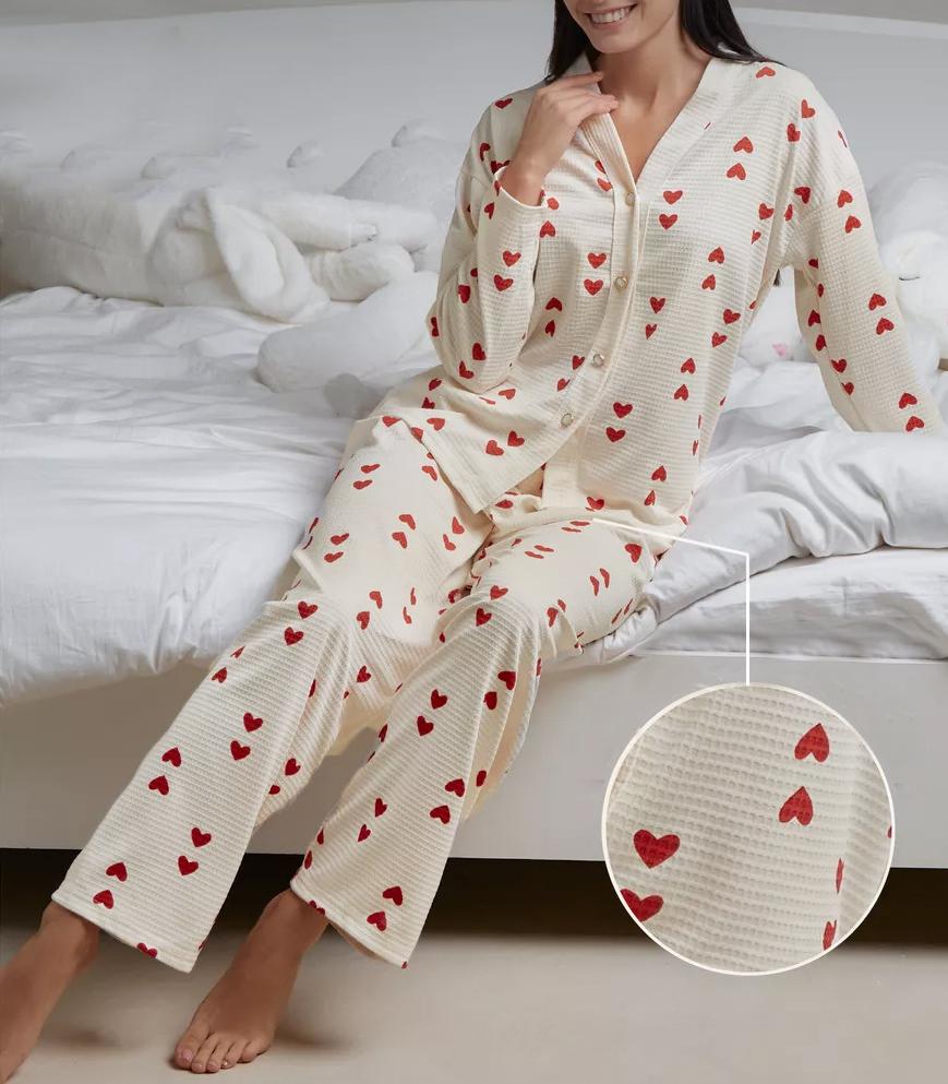 Heart Print Waffle Knit Pyjama Set - Rbegie - 1