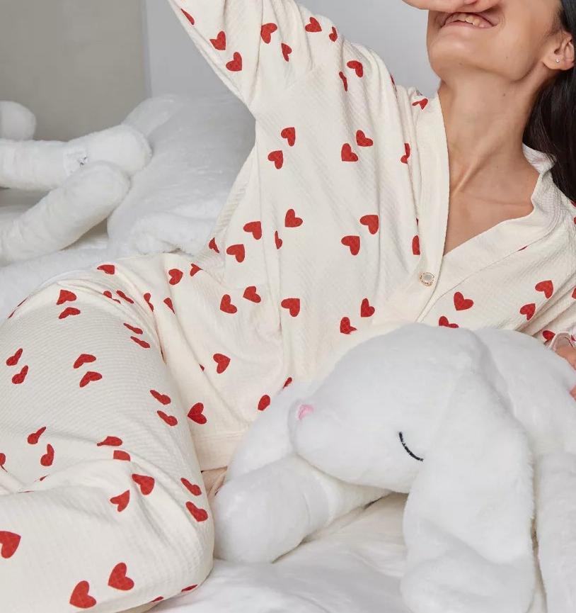 Heart Print Waffle Knit Pyjama Set