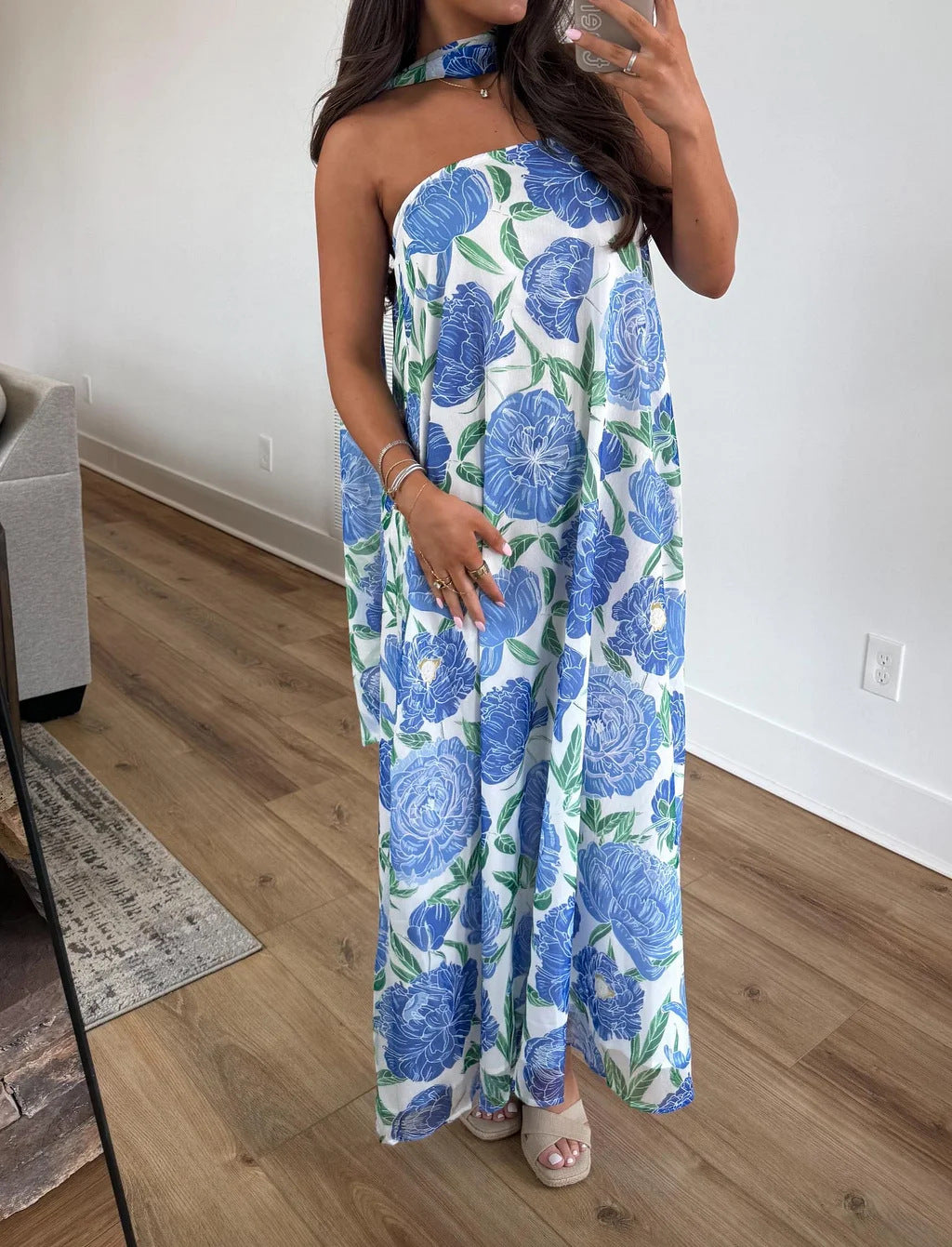 Floral Maxi Dress With Matching Neck Scarf - Blue