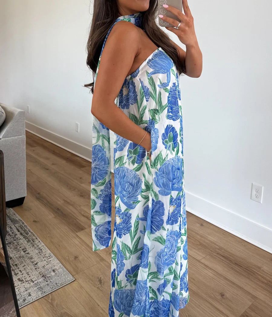 Floral Maxi Dress With Matching Neck Scarf - Blue - 1