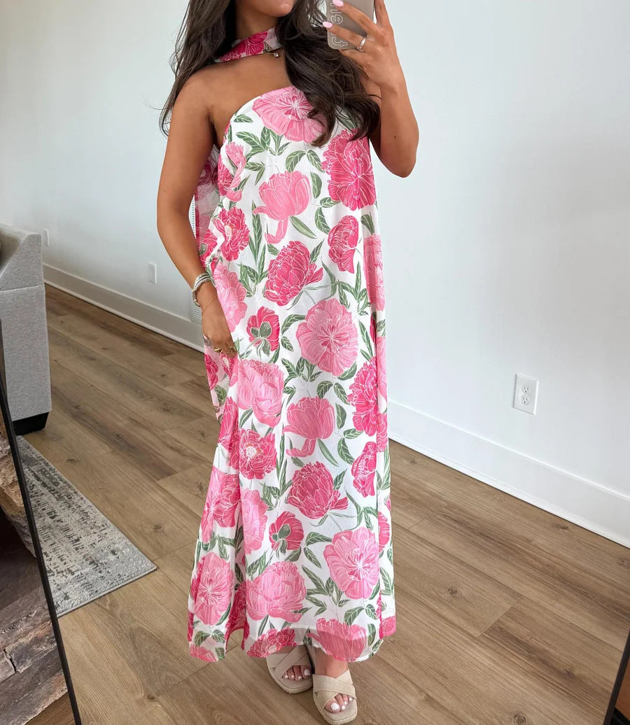 Floral Maxi Dress With Matching Neck Scarf - Pink