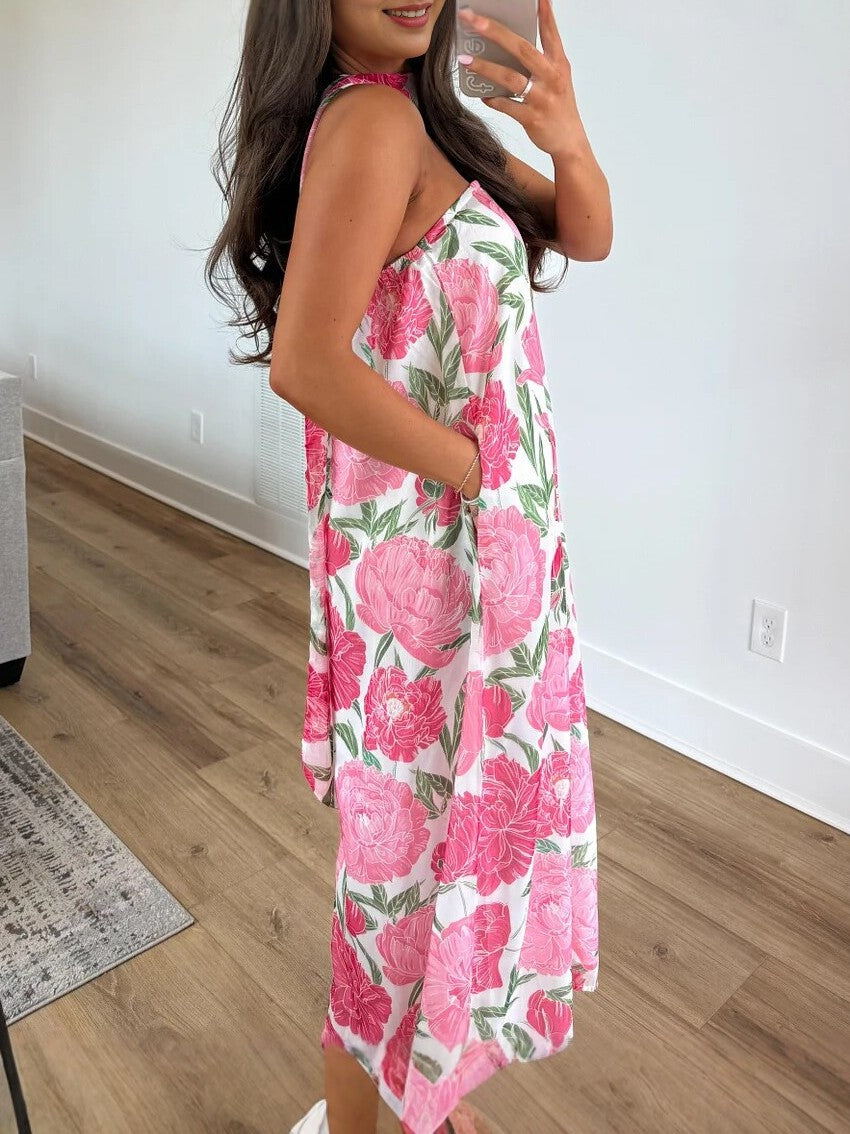 Floral Maxi Dress With Matching Neck Scarf - Pink - 1