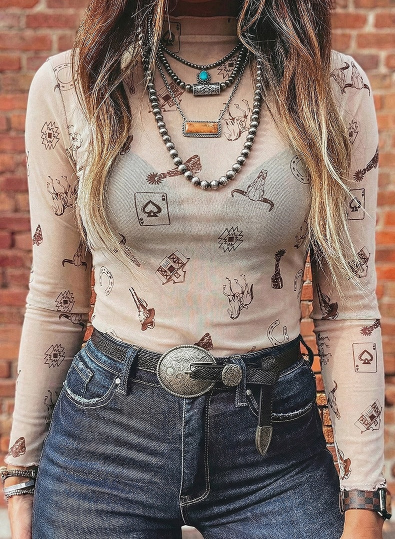 Sheer Mesh Mock Neck Long Sleeve Blouse - Cowboy
