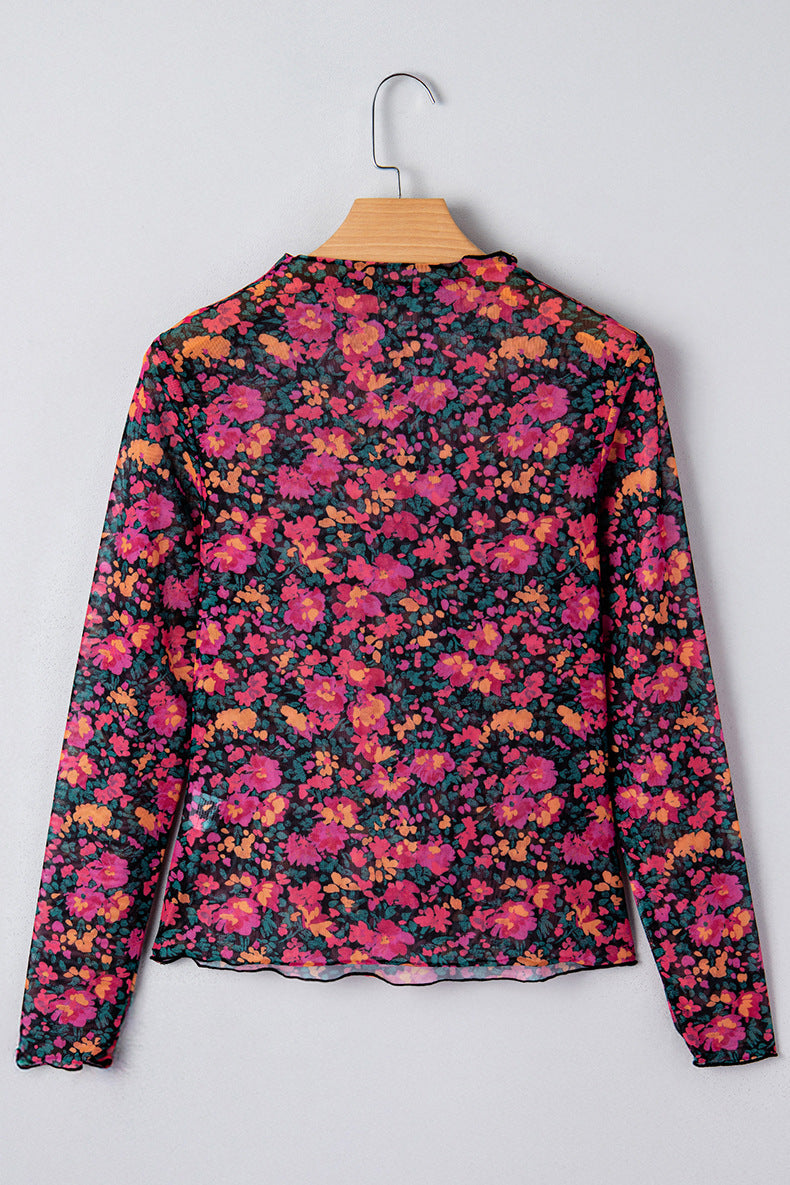 Sheer Mesh Mock Neck Long Sleeve Blouse - Flower_1 - 1