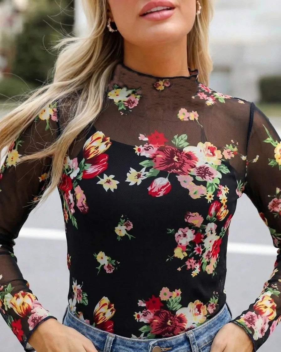 Sheer Mesh Mock Neck Long Sleeve Blouse - Flower_6