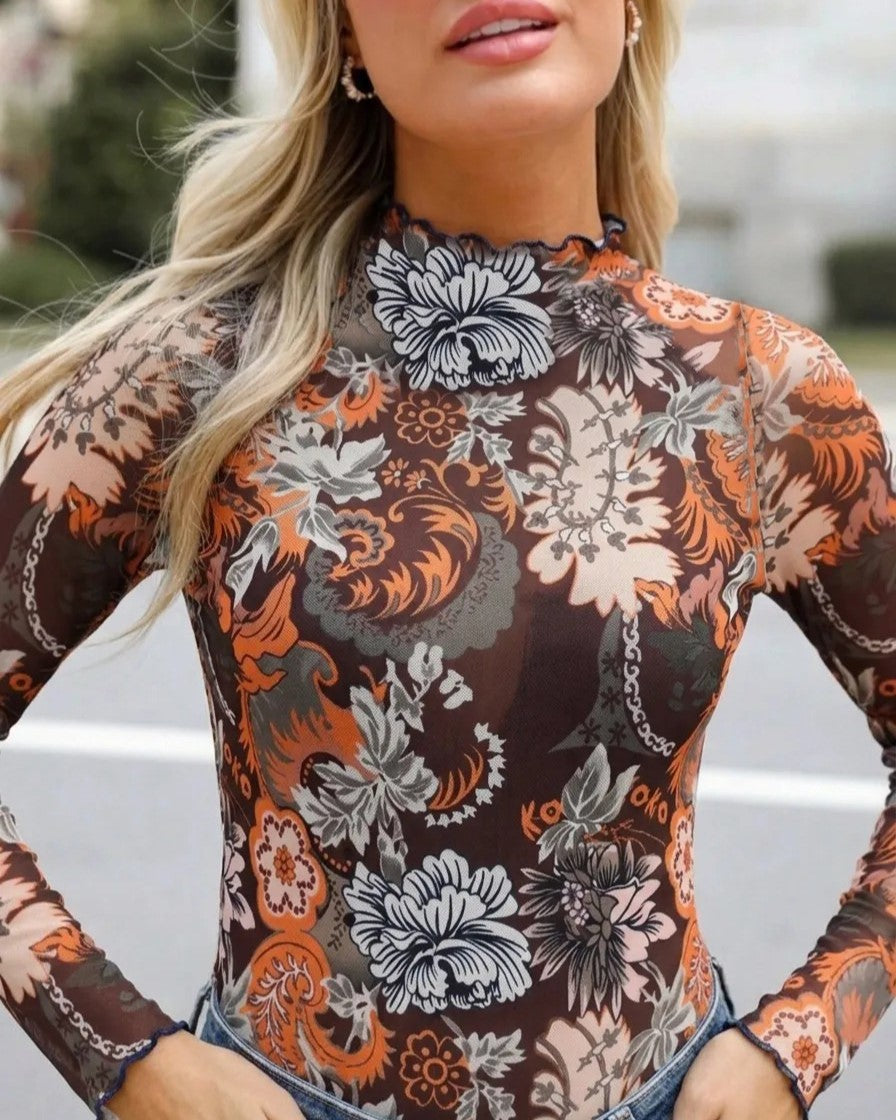 Sheer Mesh Mock Neck Long Sleeve Blouse - Flower_7