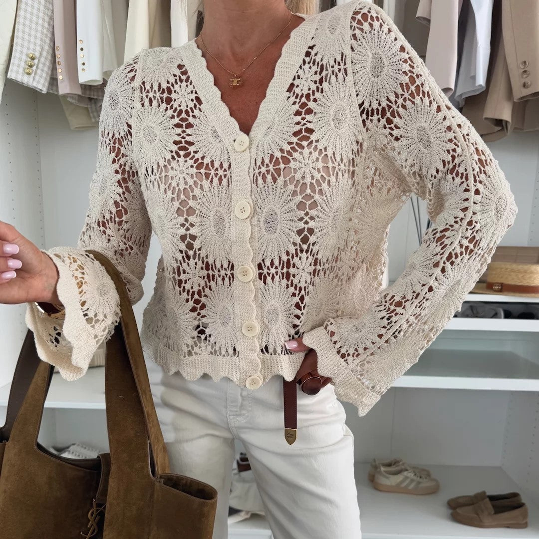 Openwork Floral Crochet Knit Cardigan - Apricot