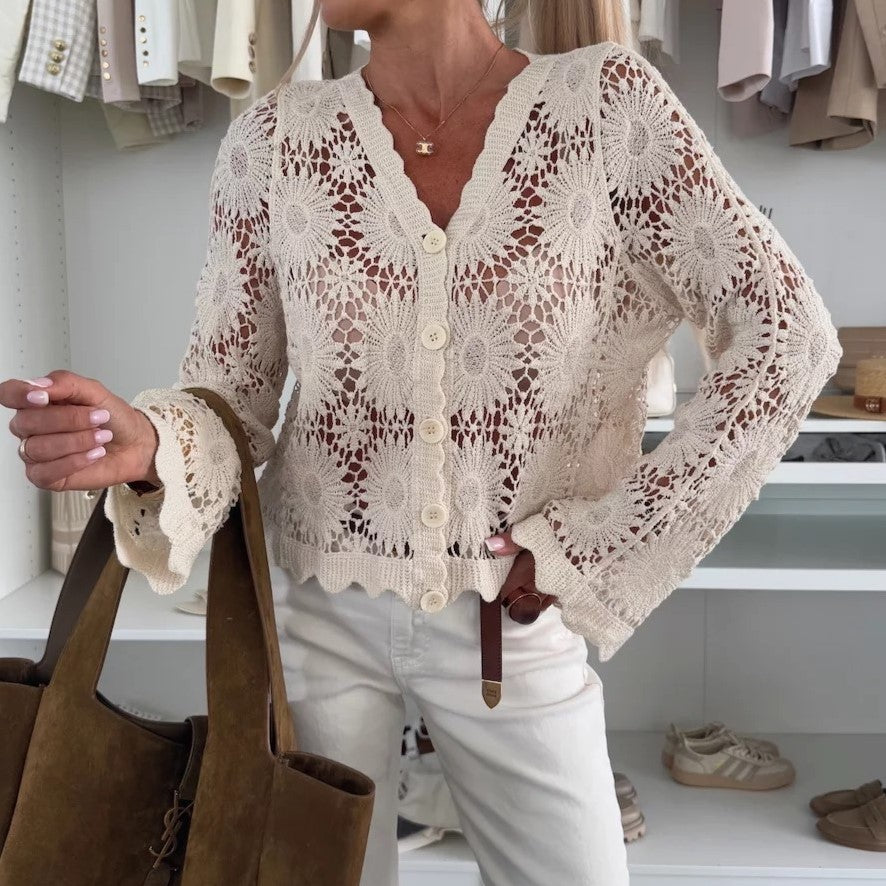 Openwork Floral Crochet Knit Cardigan - Apricot - 1