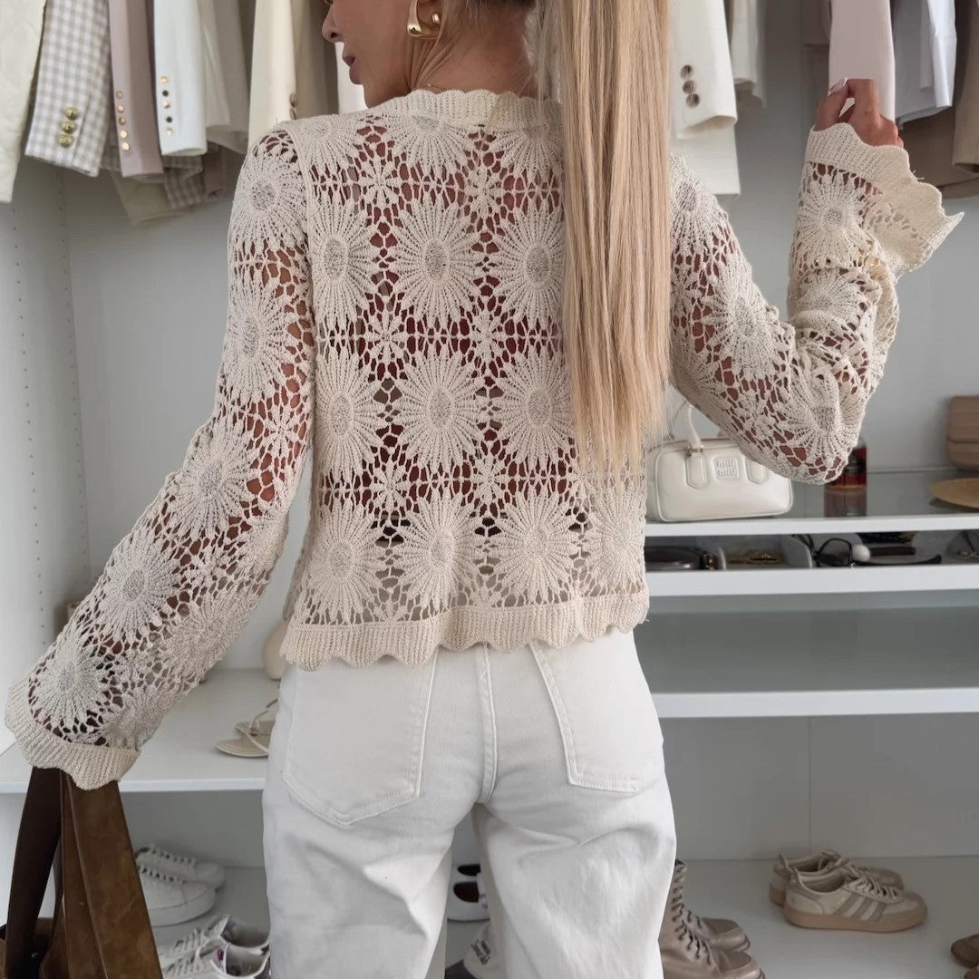 Openwork Floral Crochet Knit Cardigan - Apricot - 2