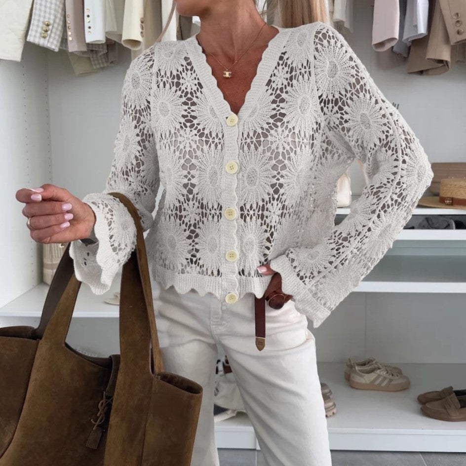 Openwork Floral Crochet Knit Cardigan - White