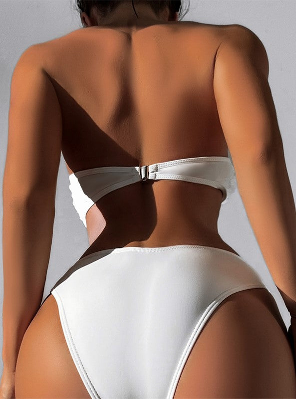 Rosette Textured Bandeau High Waist Bikini - White - 1