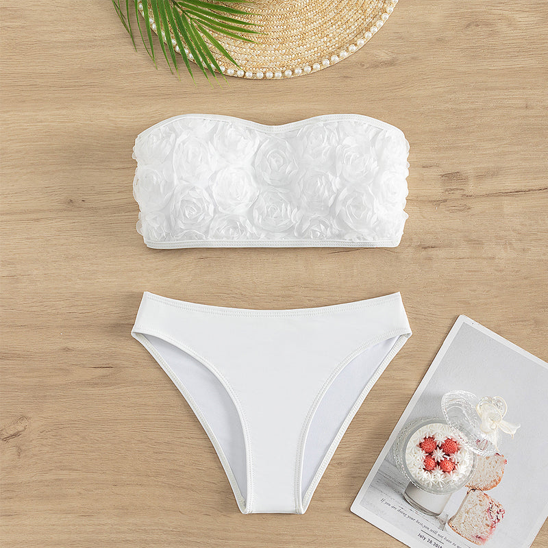 Rosette Textured Bandeau High Waist Bikini - White - 2