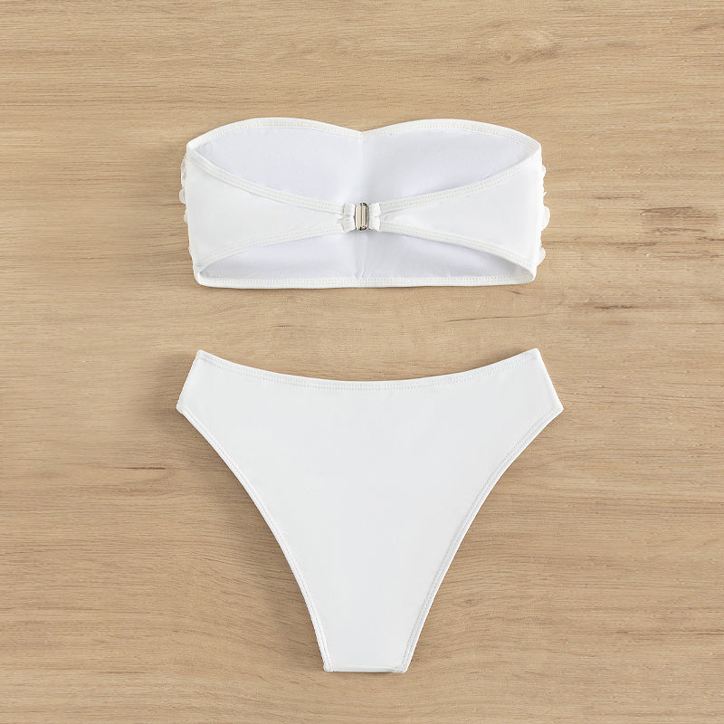 Rosette Textured Bandeau High Waist Bikini - White - 3