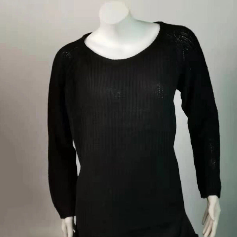 Waffle Knit Off Shoulder Curved Hem Sweater - Black - 1