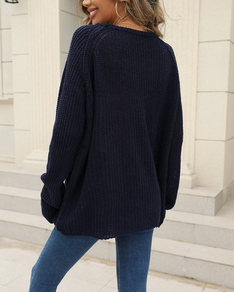 Waffle Knit Off Shoulder Curved Hem Sweater - DarkBlue - 1