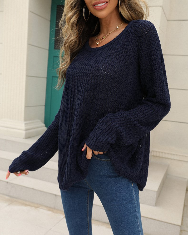 Waffle Knit Off Shoulder Curved Hem Sweater - DarkBlue - 2