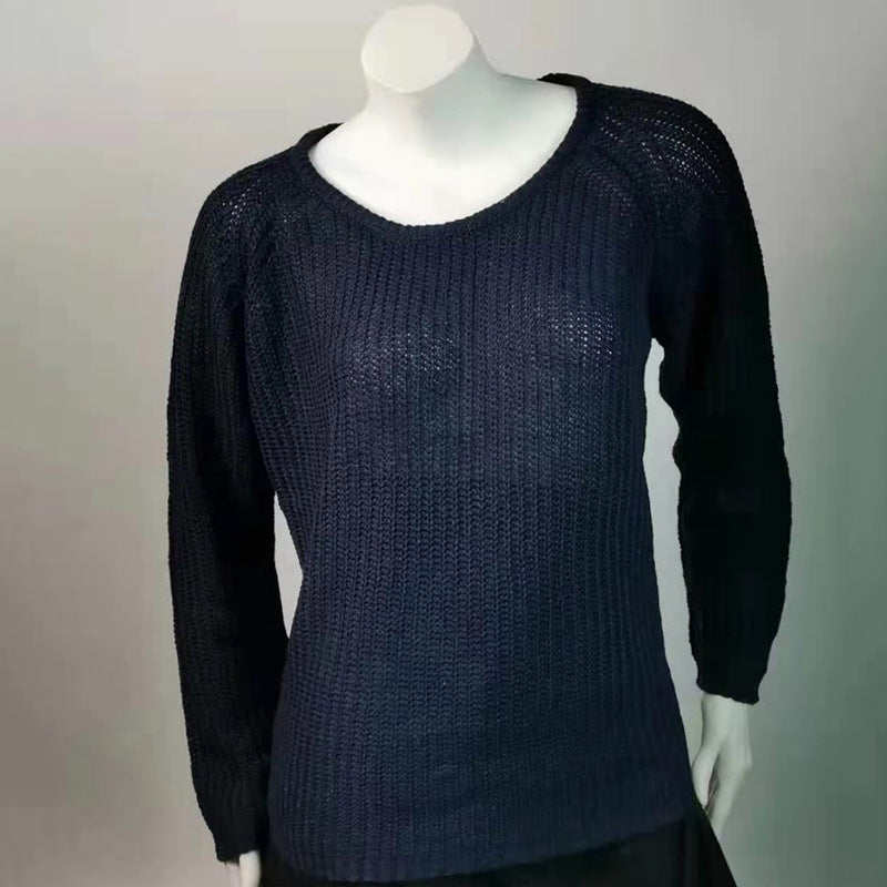 Waffle Knit Off Shoulder Curved Hem Sweater - DarkBlue - 5