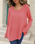 Waffle Knit Off Shoulder Curved Hem Sweater - Pink