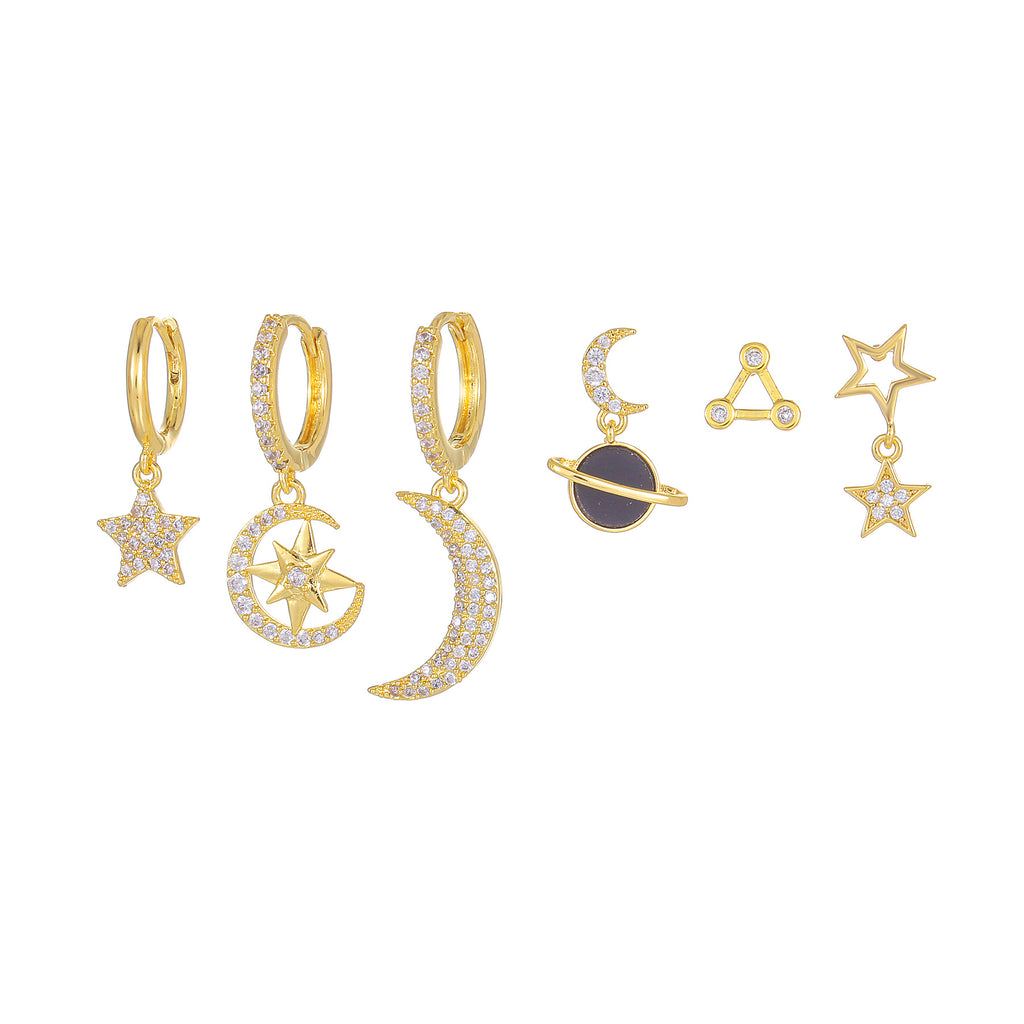 Celestial Moon Star Huggie Earring Set - Gold