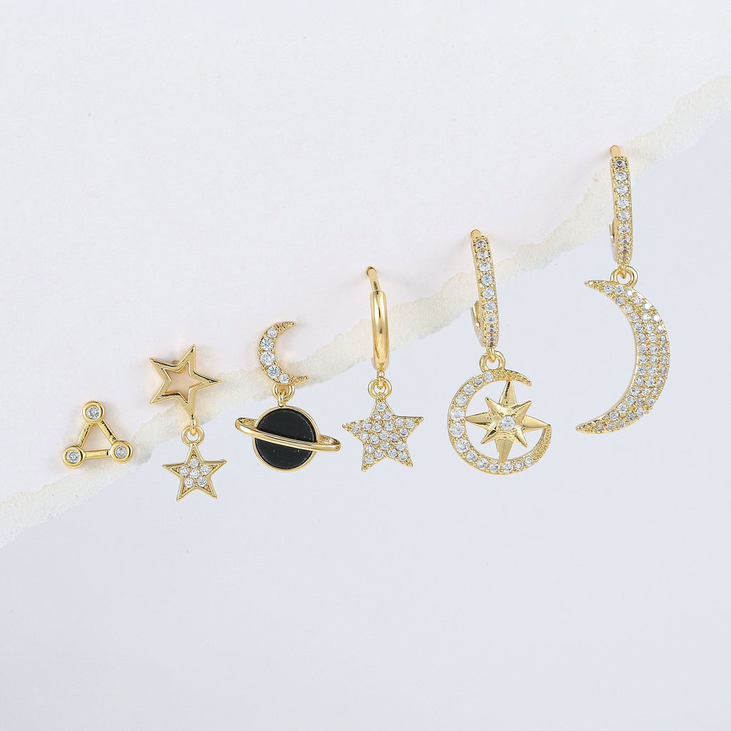 Celestial Moon Star Huggie Earring Set - Gold - 1