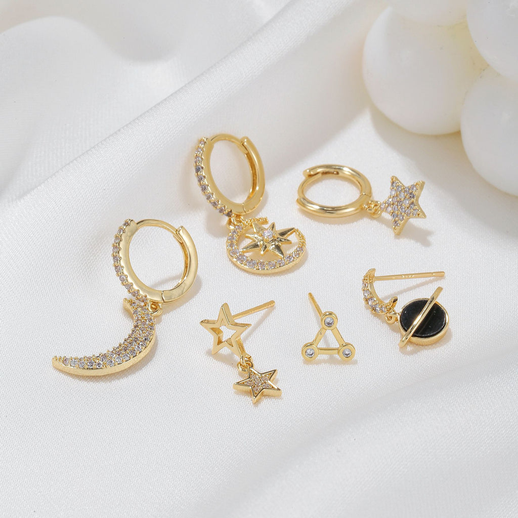 Celestial Moon Star Huggie Earring Set - Gold - 2