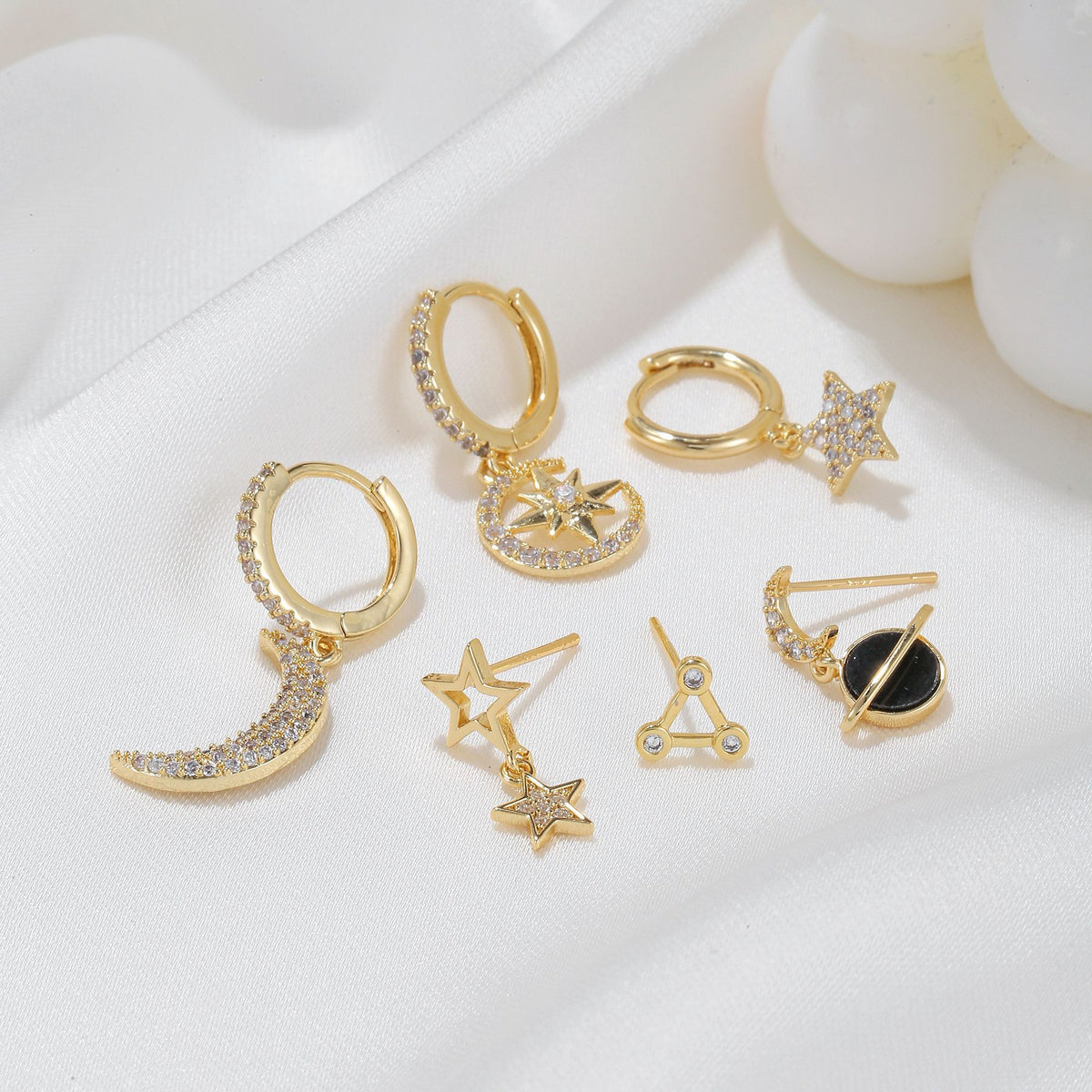 Celestial Moon Star Huggie Earring Set - Gold - 2