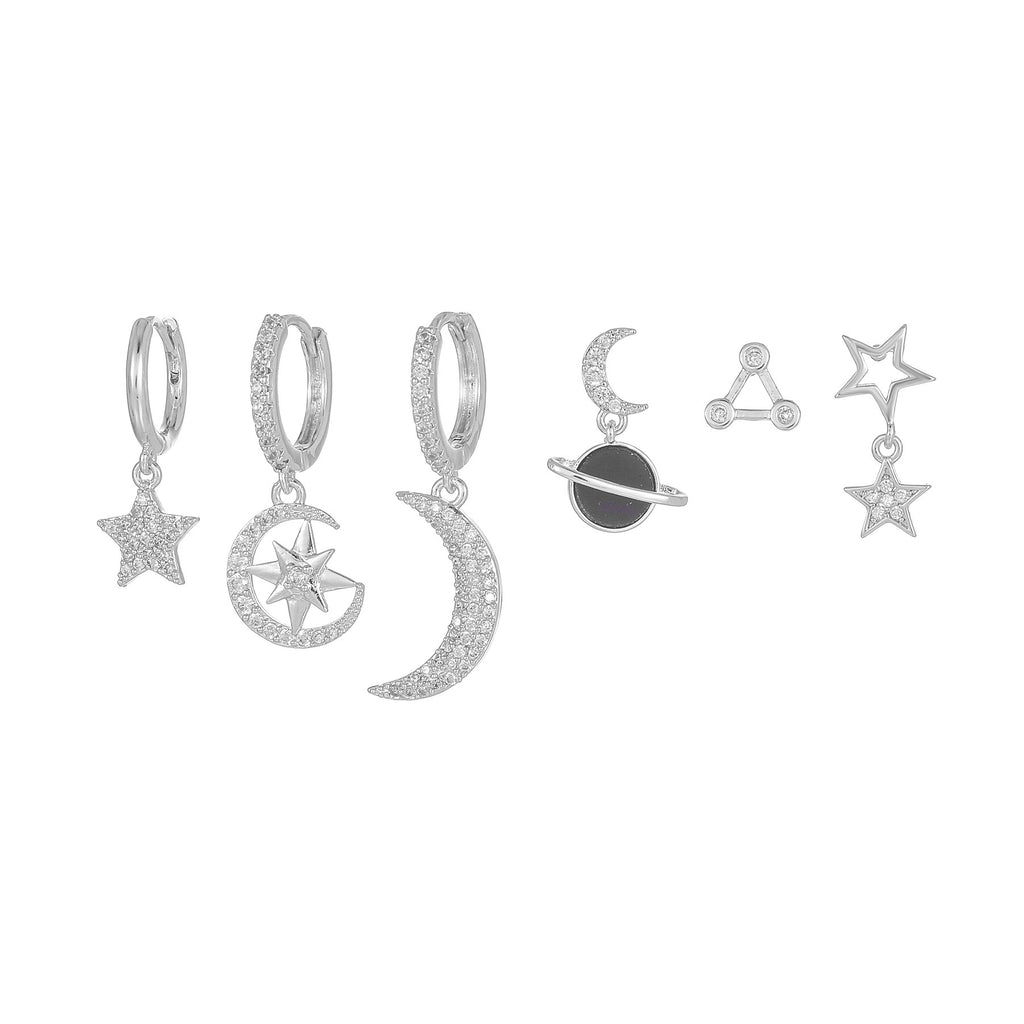 Celestial Moon Star Huggie Earring Set - White