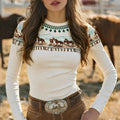 Western Horse Yoke Print Fitted Long Sleeve Tee - White