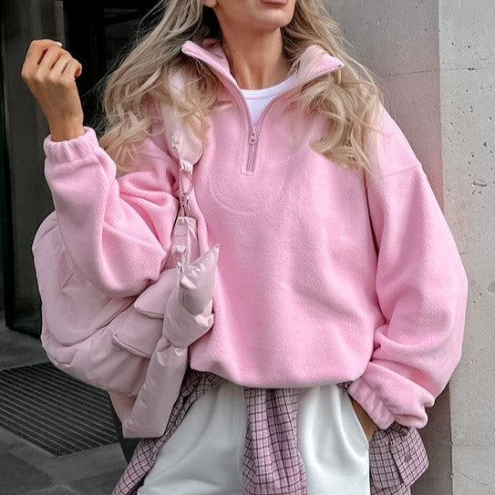 Pink Fleece Half Zip Collared Sweatshirt - Pink