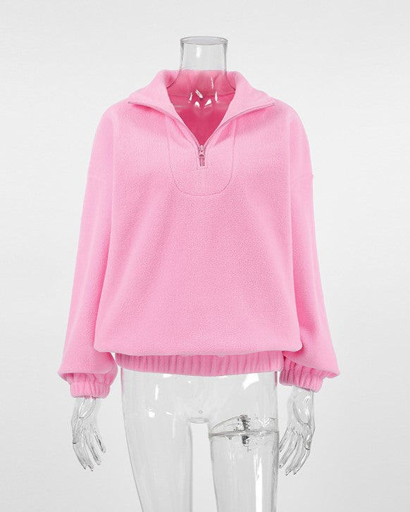 Pink Fleece Half Zip Collared Sweatshirt - Pink - 1