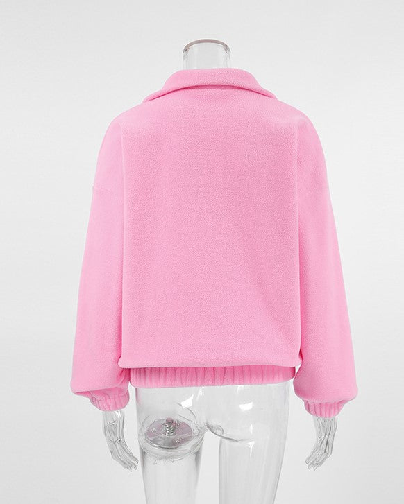 Pink Fleece Half Zip Collared Sweatshirt - Pink - 2