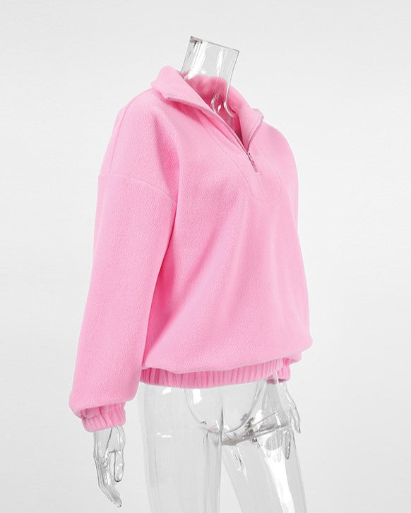 Pink Fleece Half Zip Collared Sweatshirt - Pink - 3